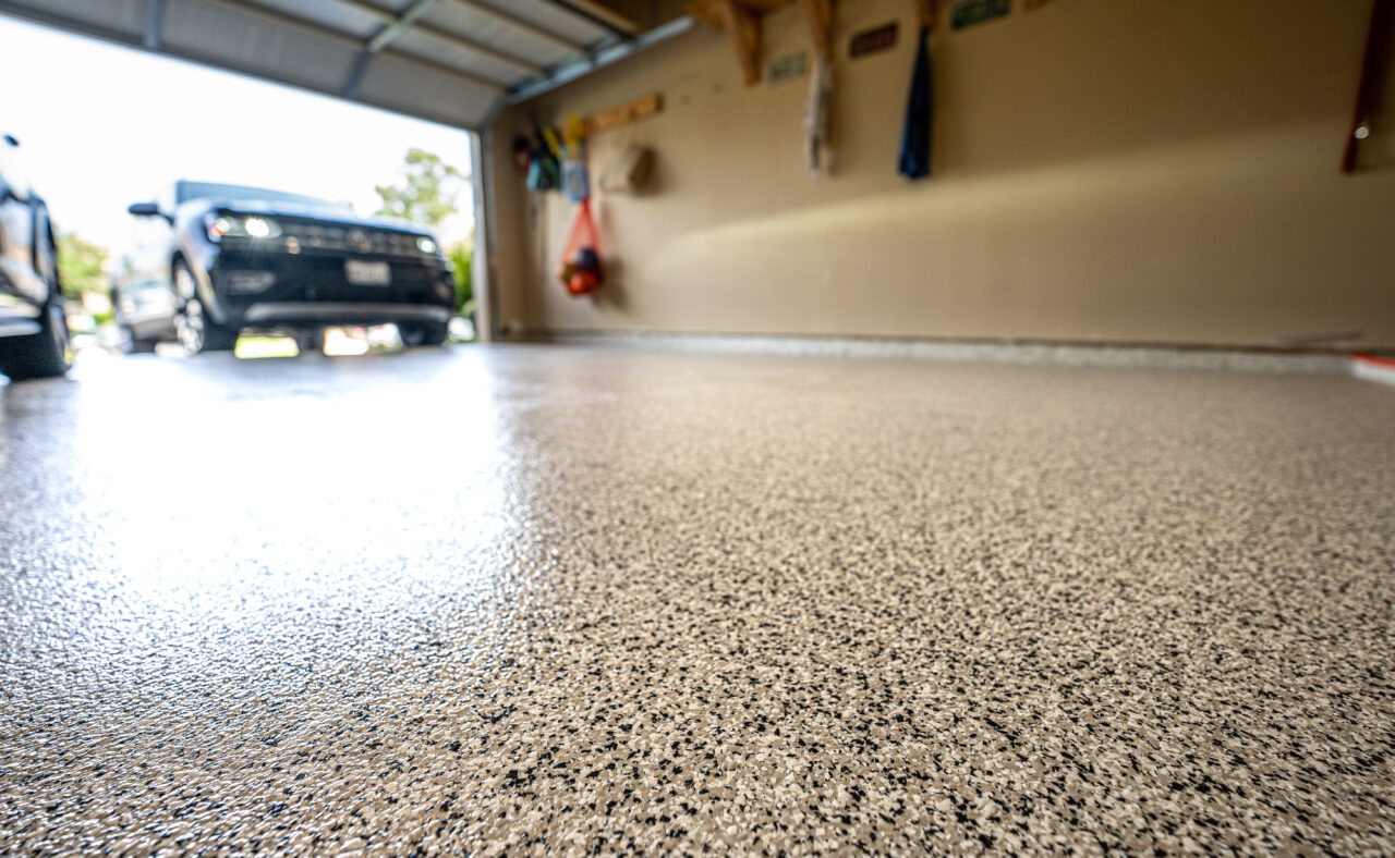 floor-shot of finished epoxy home garage floor