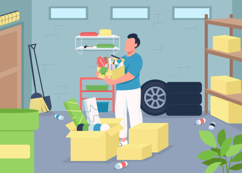 vector image of man cleaning out his messy garage