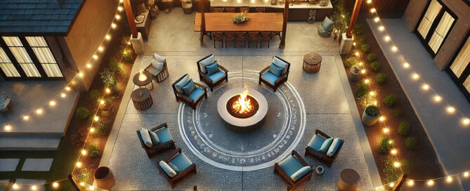 An aerial view of sample patio renovation ideas with string lighting and a firepit ideal for cooler nights