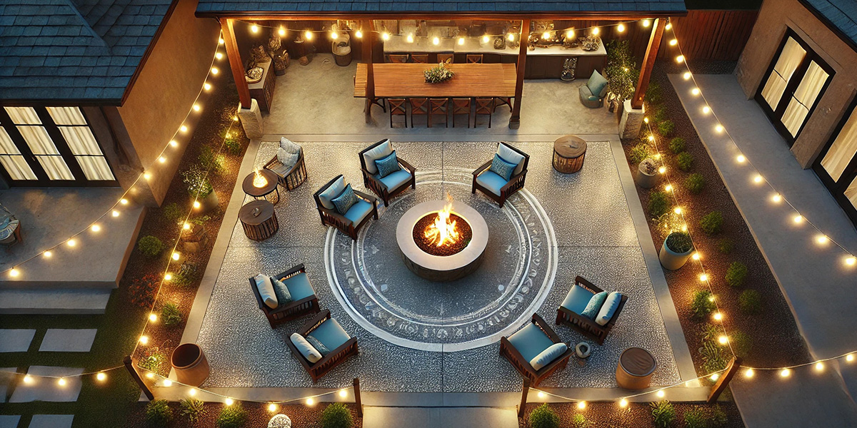 An aerial view of sample patio renovation ideas with string lighting and a firepit ideal for cooler nights