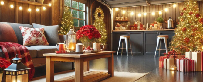 Turn your garage into a holiday hosting space with festive decor, cozy seating, warm lights, a Christmas tree