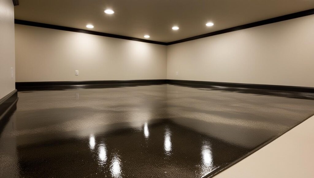 Finished basement with sleek, professionally coated concrete floor Finished basement with sleek, professionally coated concrete floor