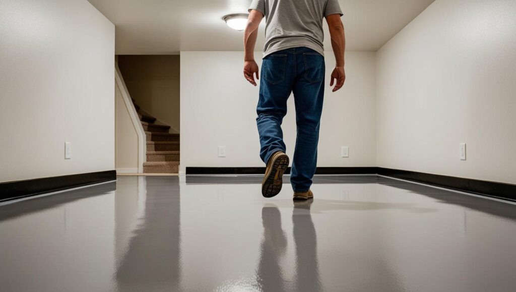 Homeowner walking on newly sealed, non-toxic coated basement floor Homeowner walking on newly sealed, non-toxic coated basement floor