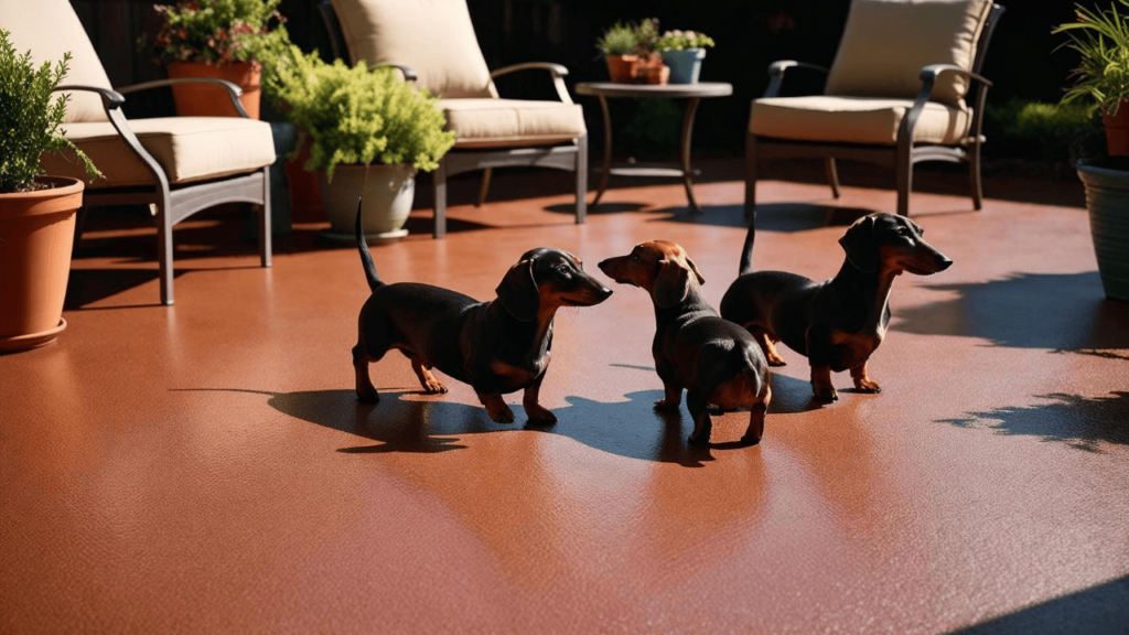 Patio floor coatings content image Backyard patio with freshly coated concrete floor and modern outdoor furniture