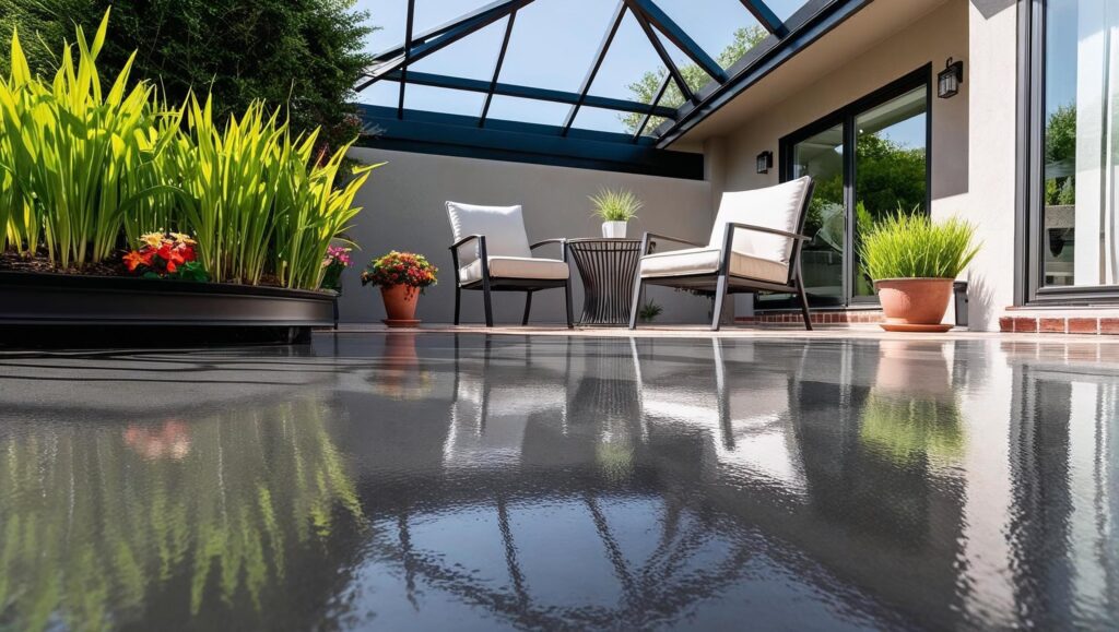 Plant-based floor finish applied to a sunny outdoor patio Plant-based floor finish applied to a sunny outdoor patio