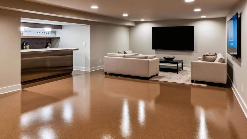 Seamless, non-toxic coated basement floor with modern finish Seamless, non-toxic coated basement floor with modern finish