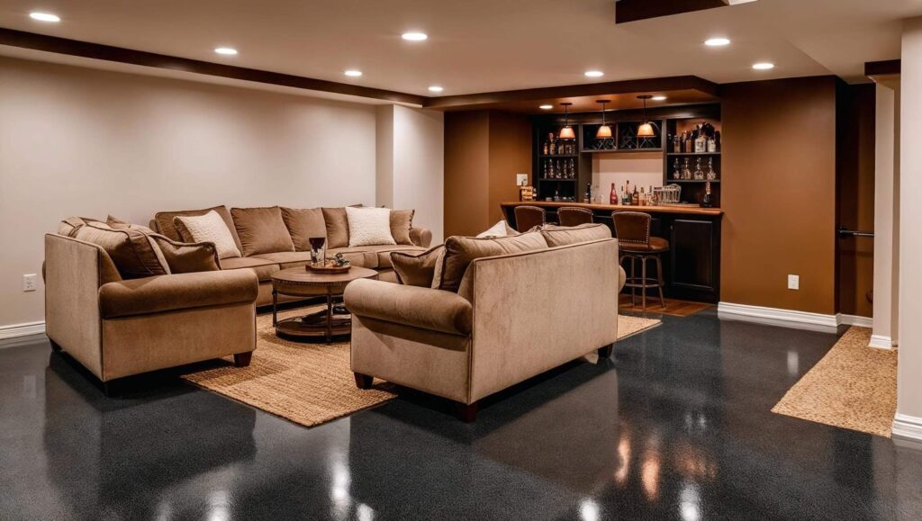 Smooth, VOC-free coated concrete floor in a residential basement Smooth, VOC-free coated concrete floor in a residential basement