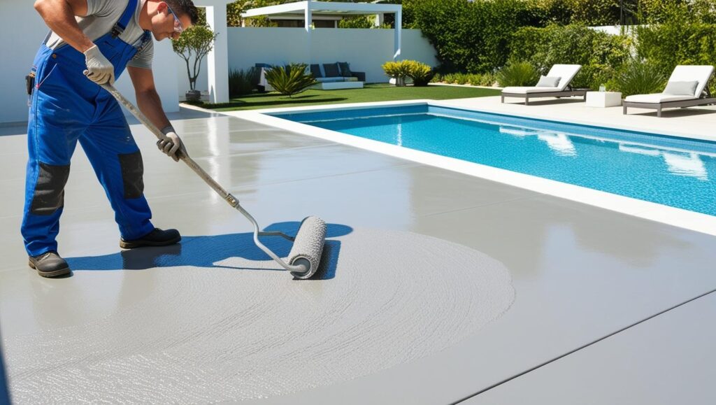 Technician applying pool deck coating in a residential backyard Technician applying pool deck coating in a residential backyard