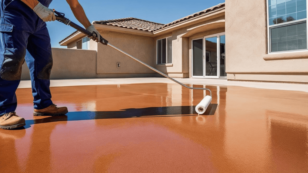 Technician applying protective coating to a residential concrete patio Technician applying protective coating to a residential concrete patio