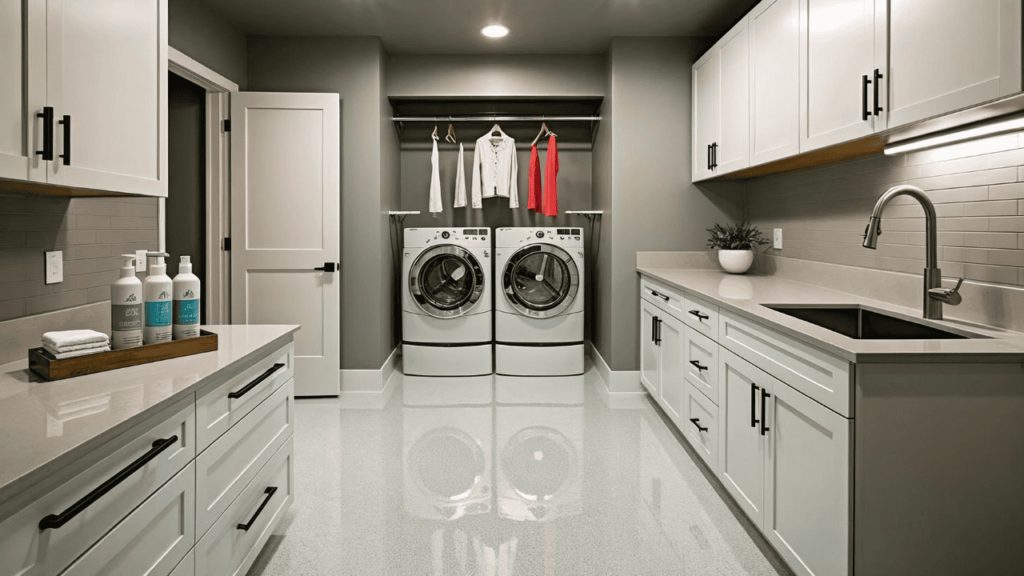 content image three Seamless waterproof floor system in a utility room with storage