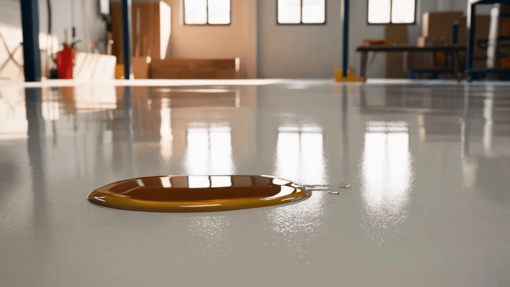 content images 23 (1) Close-up of non-toxic floor coating in a workshop resisting oil and spills